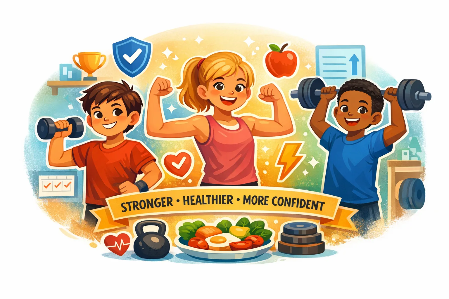 Illustration of happy children showing strength and confidence through exercise