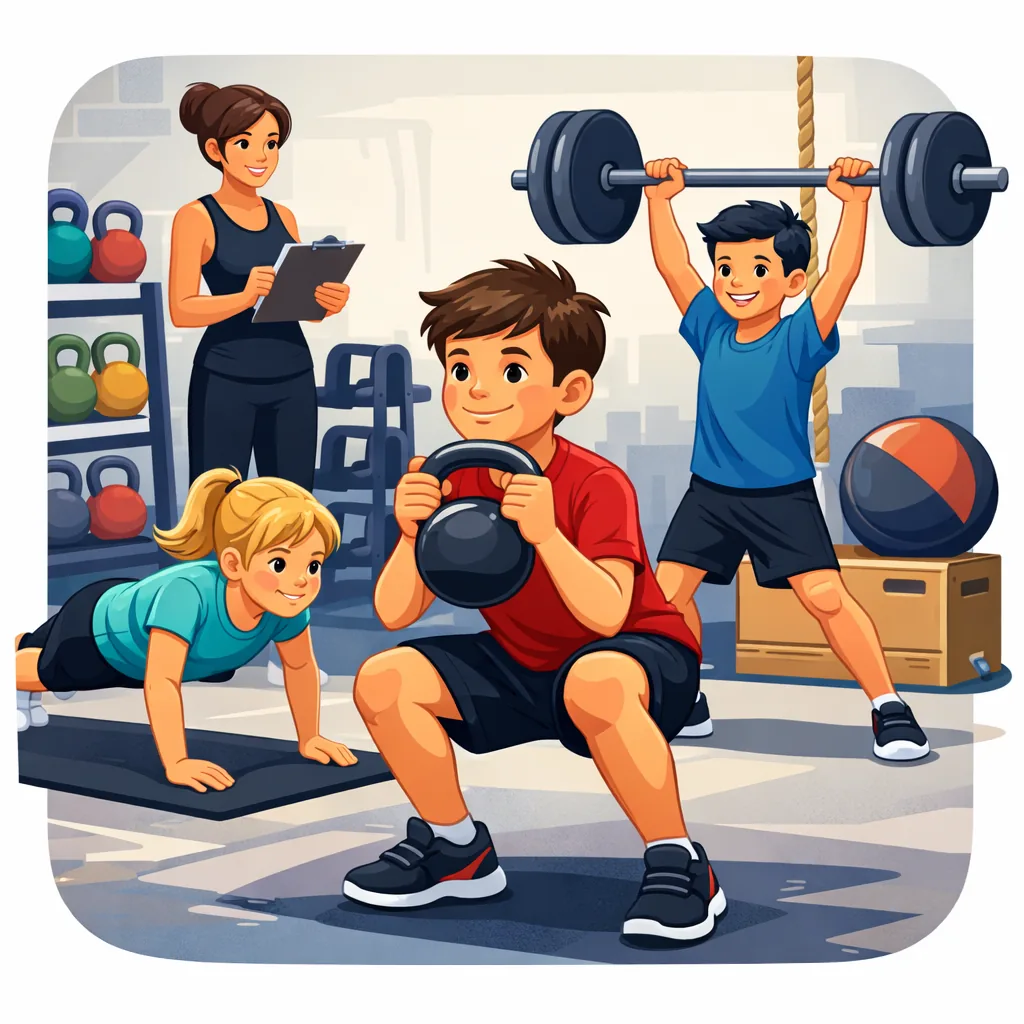 Illustration of youth strength training class for ages 9–15 with kids exercising and a coach guiding them