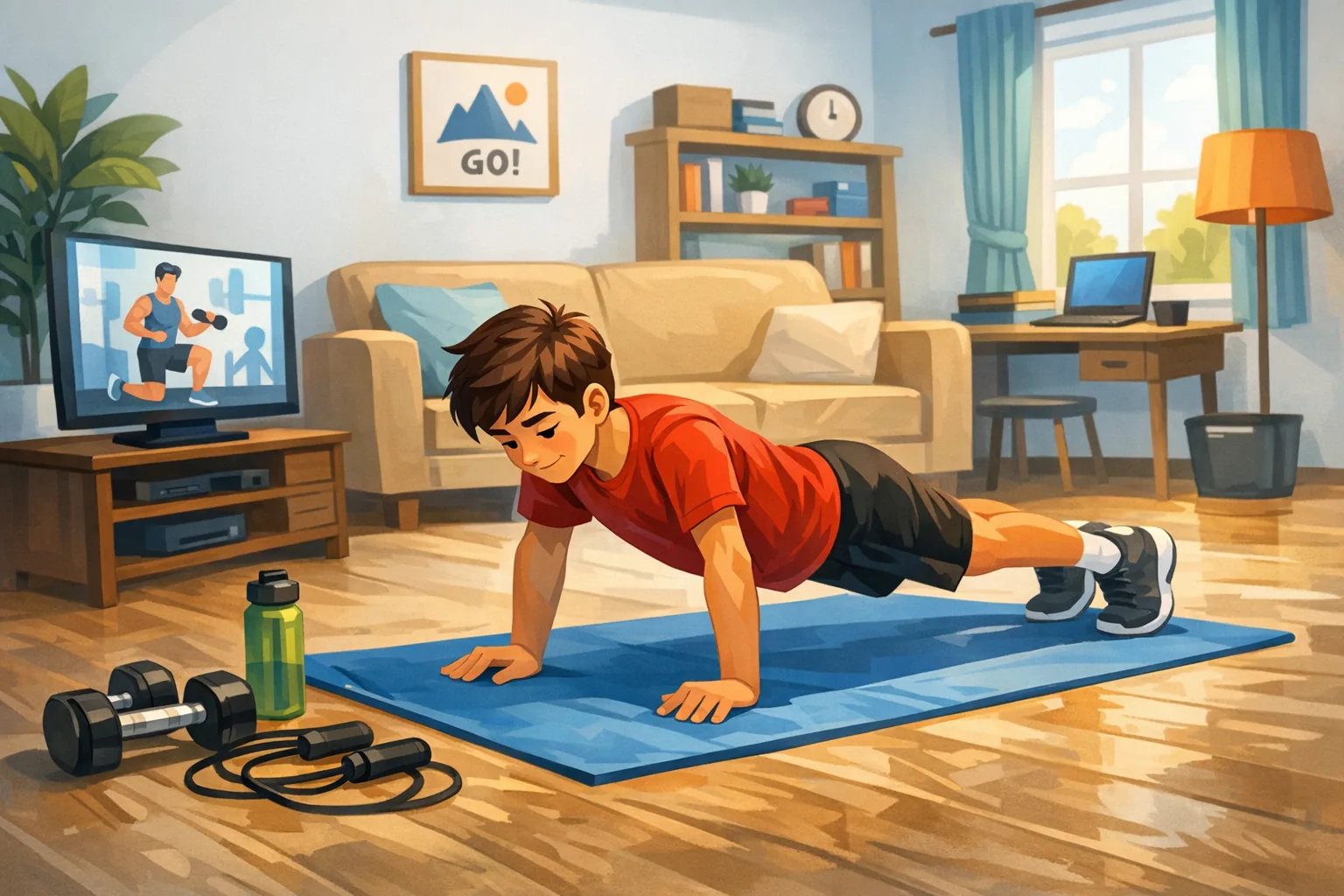 Illustration of a teenager performing home exercises like planks and push-ups in a living room