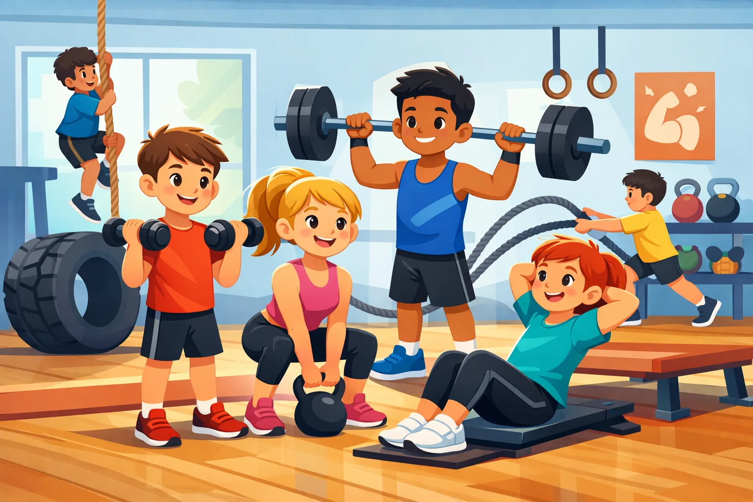 Illustrazzjoni li tirrappreżenta taħriġ tas-saħħa għaż-żgħażagħ, tfal jeżerċitaw fil-ġinnasju b'tagħmir tal-fitness
